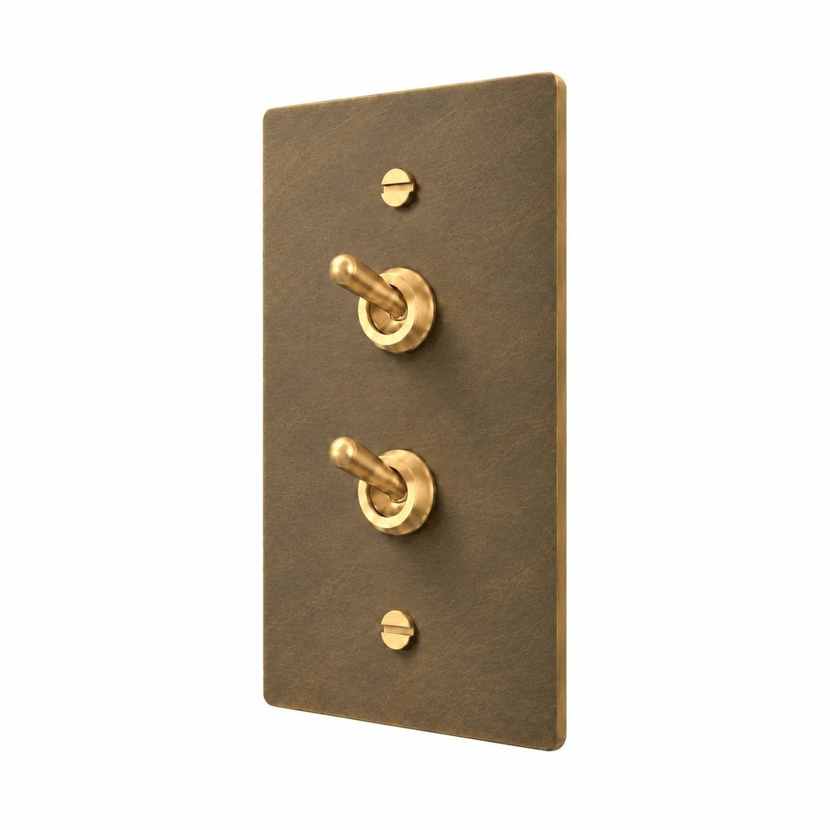 A two-handle lever switch plate in brushed brass, shown at a three-quarter angle against a solid white background.