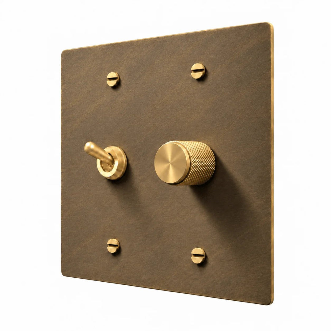 PlatePrestige Brass Retro Toggle & Dimmer Combo Switch Plate in uniform brushed aged brass