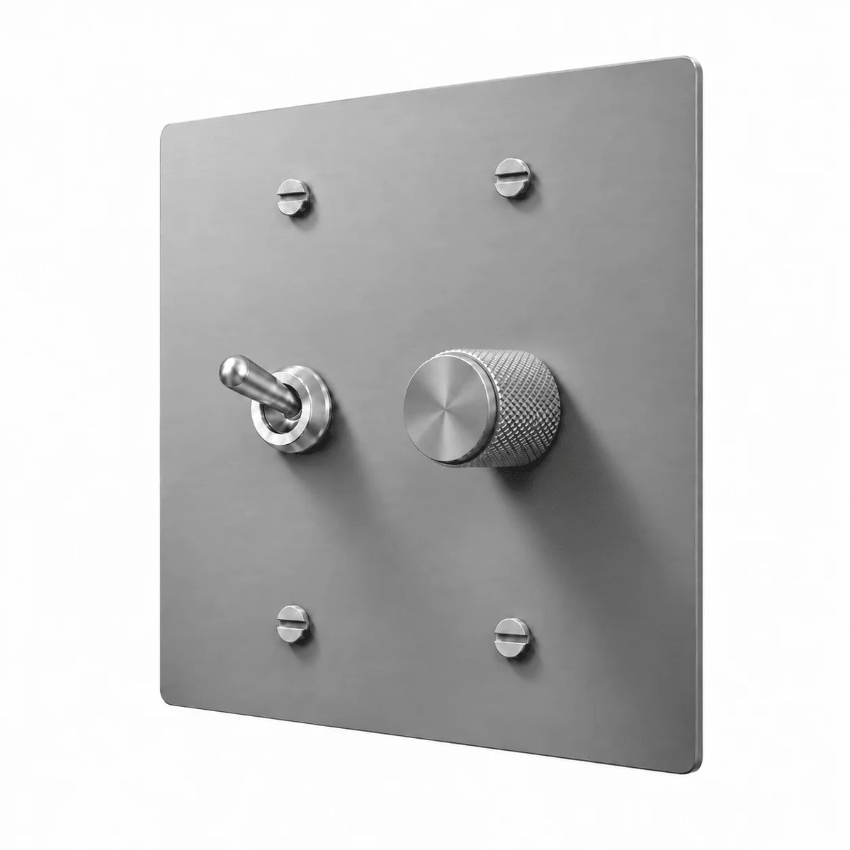 Stainless steel 2-gang retro toggle and dimmer combination plate with silver cross-knurled knob