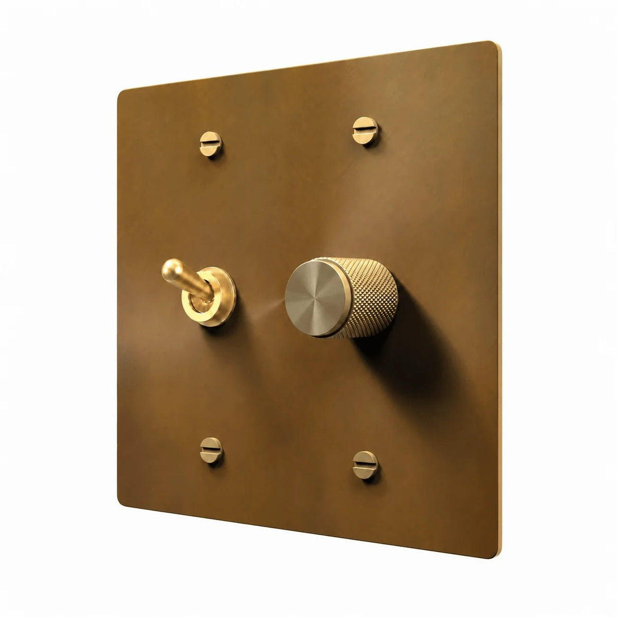 Unlacquered Aged brass 2-gang retro toggle and dimmer combination plate
