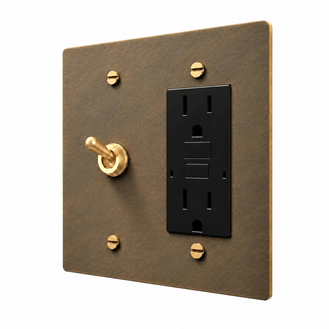 PlatePrestige Brass Retro Toggle & Outlet Combo Switch Plate in uniform brushed aged brass