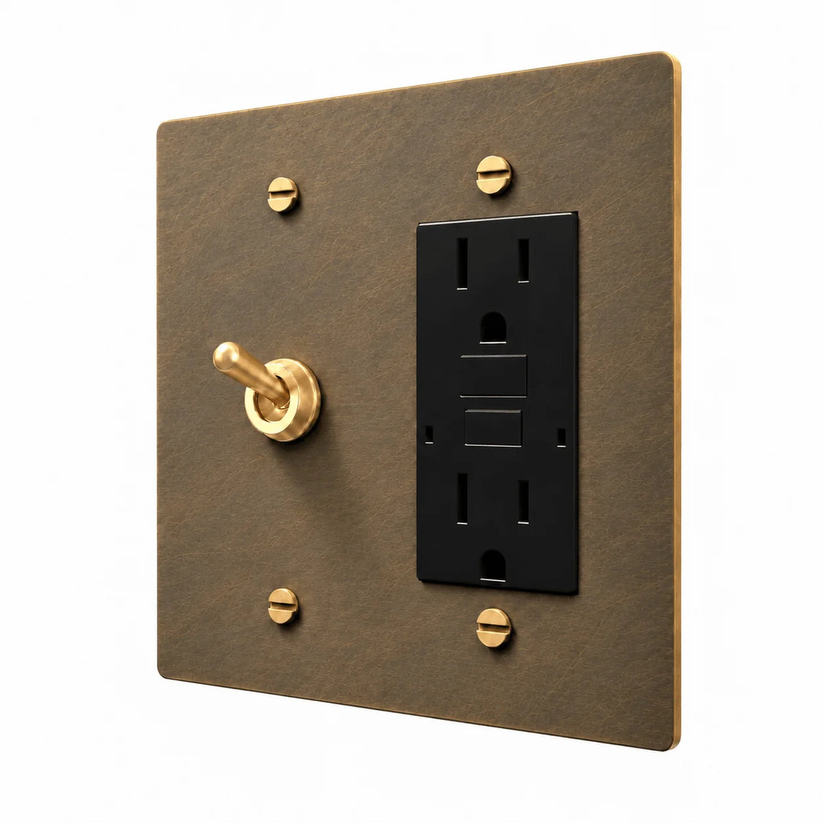 PlatePrestige Brass Retro Toggle & Outlet Combo Switch Plate in uniform brushed aged brass