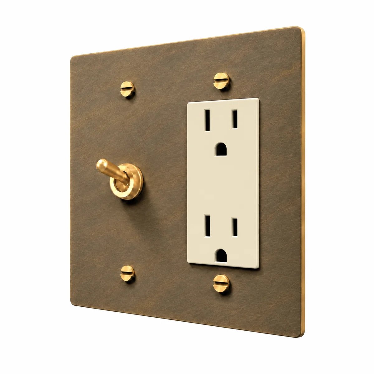 Brass Retro Toggle & Outlet Combo Switch Plate in Aged Brass with ivory outlet inserts, angled view