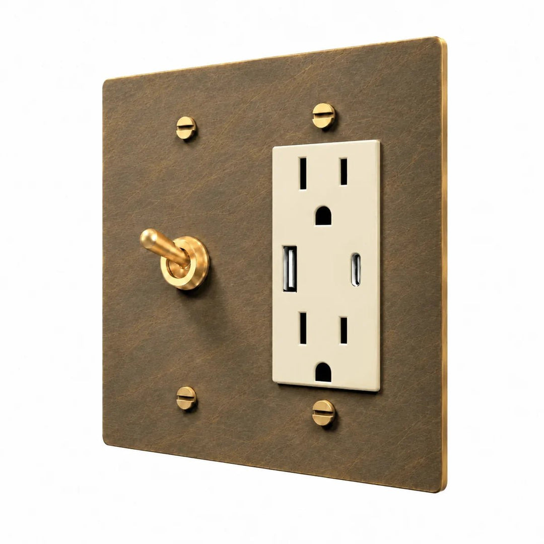 Brass Retro Toggle & Outlet Combo Switch Plate in Aged Brass with ivory outlet inserts, angled view