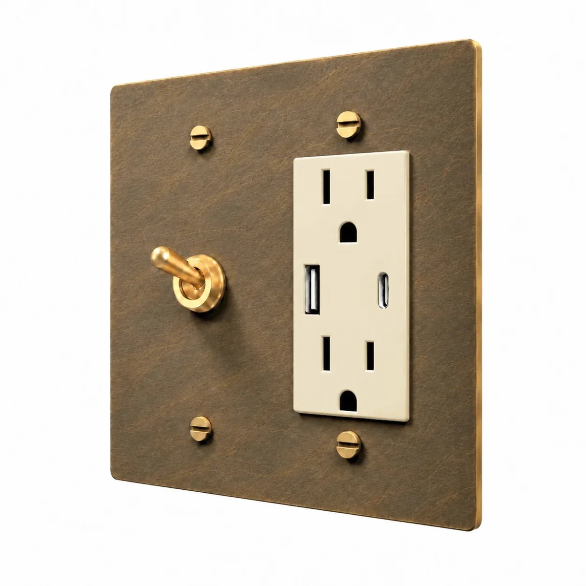 Brass Retro Toggle & Outlet Combo Switch Plate in Aged Brass with ivory outlet inserts, angled view