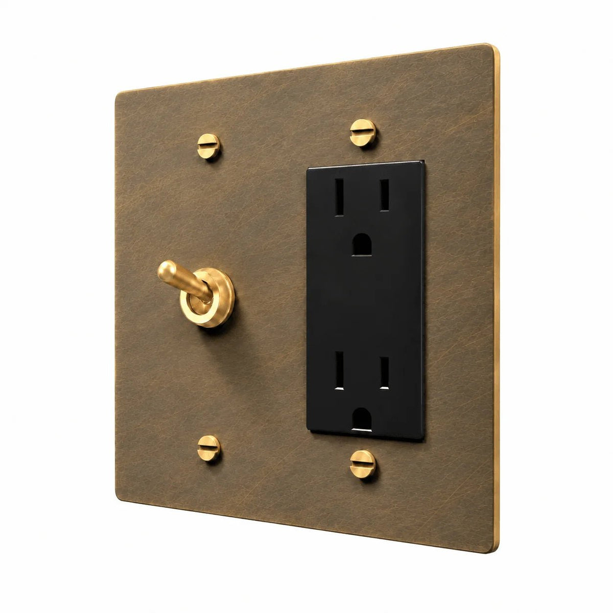PlatePrestige Brass Retro Toggle & Outlet Combo Switch Plate in uniform brushed aged brass