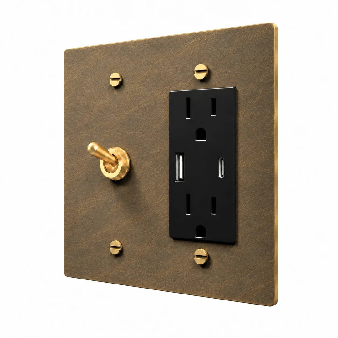 PlatePrestige Brass Retro Toggle & Outlet Combo Switch Plate in uniform brushed aged brass
