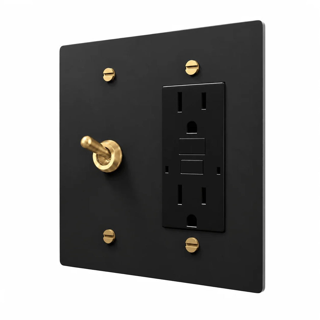 Black / Brass 2-gang retro toggle and GFCI outlet combination plate