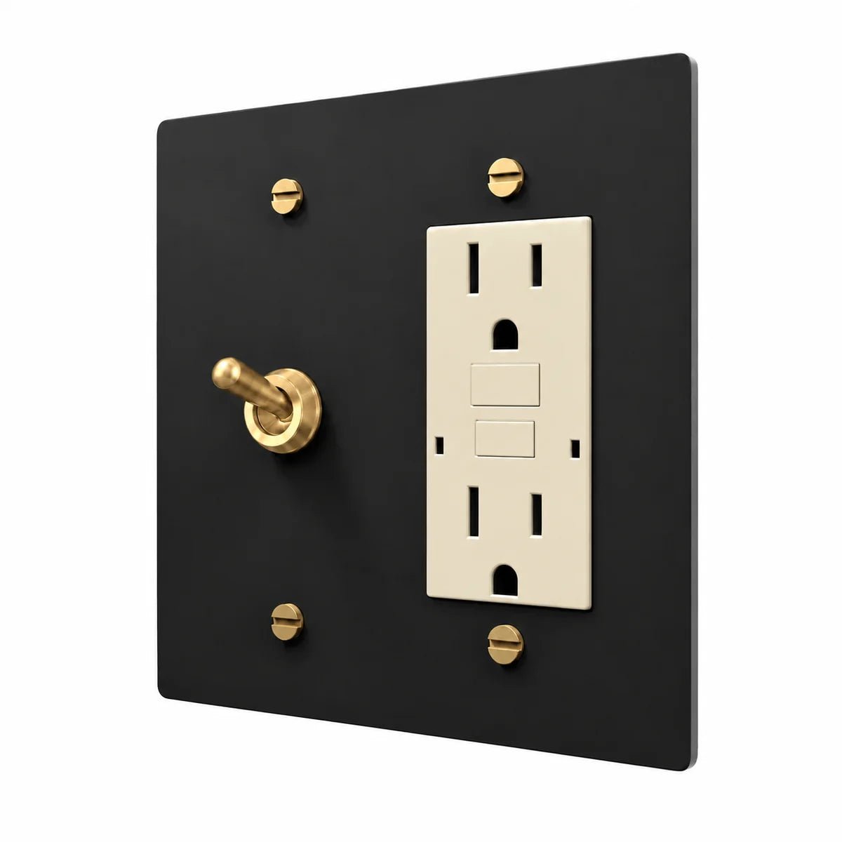 Brass Retro Toggle & Outlet Combo Switch Plate in Black / Brass with ivory outlet inserts, angled view