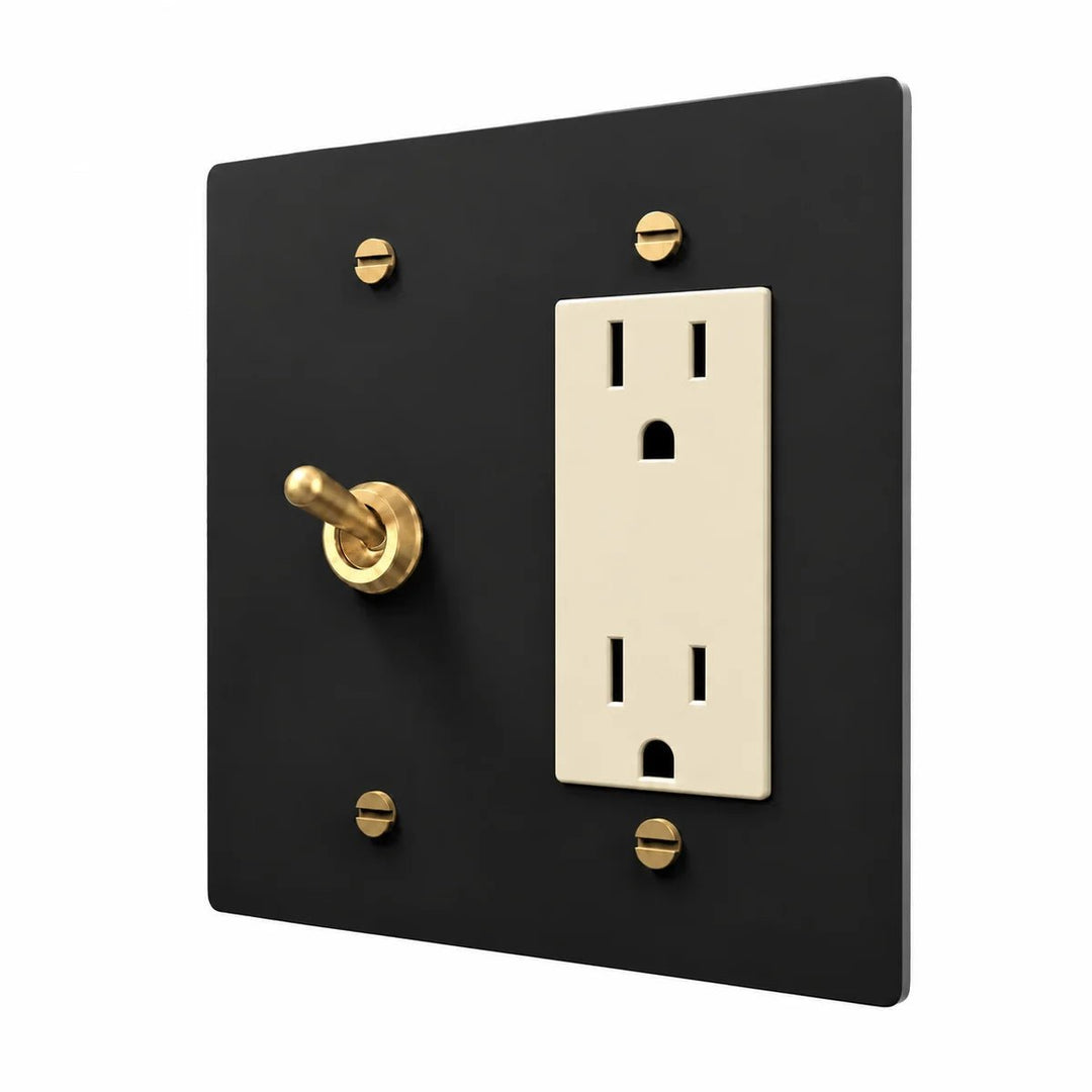 Brass Retro Toggle & Outlet Combo Switch Plate in Black / Brass with ivory outlet inserts, angled view