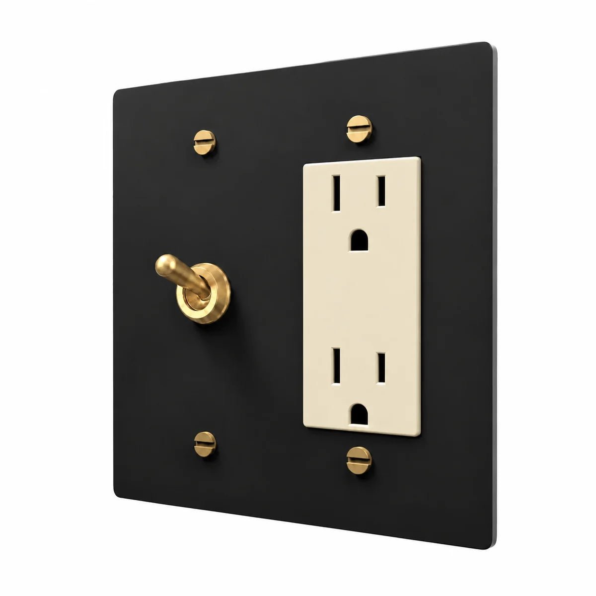 Brass Retro Toggle & Outlet Combo Switch Plate in Black / Brass with ivory outlet inserts, angled view