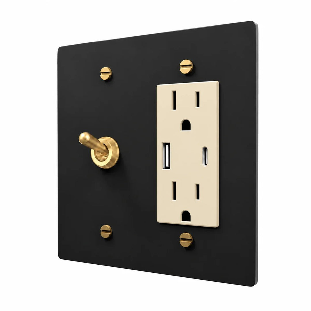 Brass Retro Toggle & Outlet Combo Switch Plate in Black / Brass with ivory outlet inserts, angled view