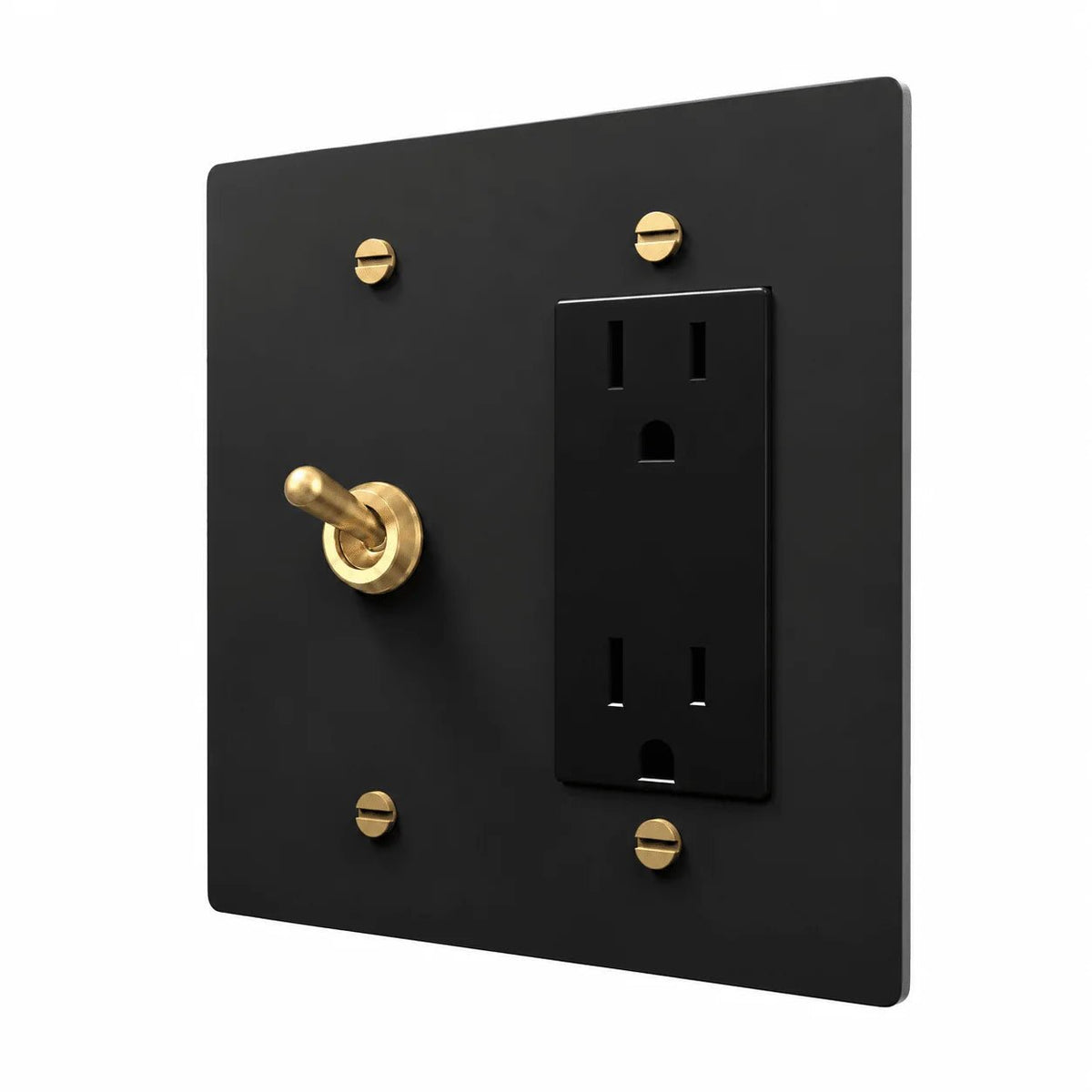 Black / Brass 2-gang retro toggle and Regular outlet combination plate