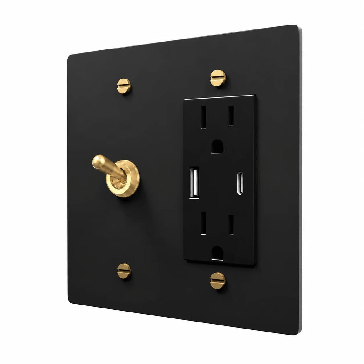 Black / Brass 2-gang retro toggle and USB-C outlet combination plate
