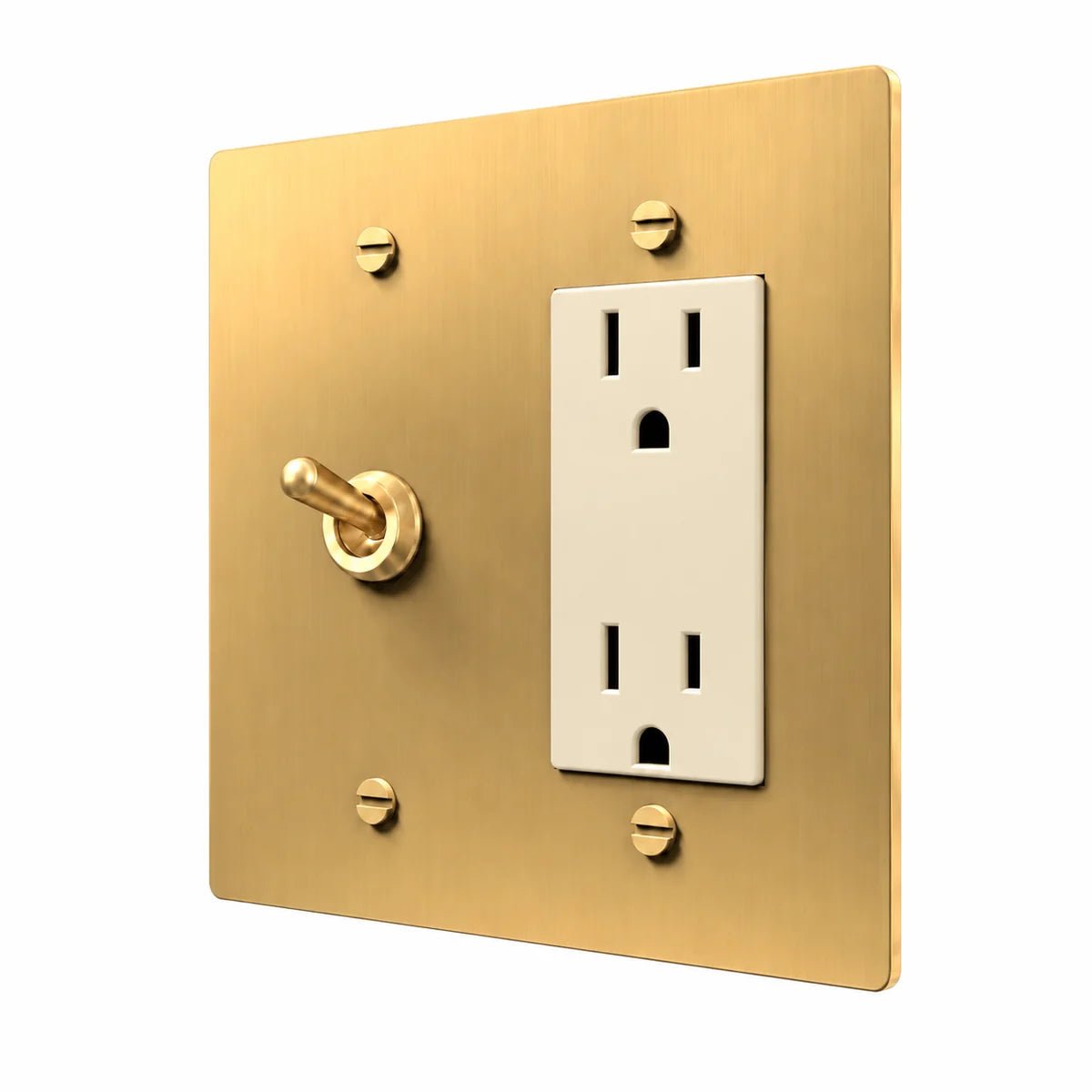 Brass Retro Toggle & Outlet Combo Switch Plate in Brass with ivory outlet inserts, angled view