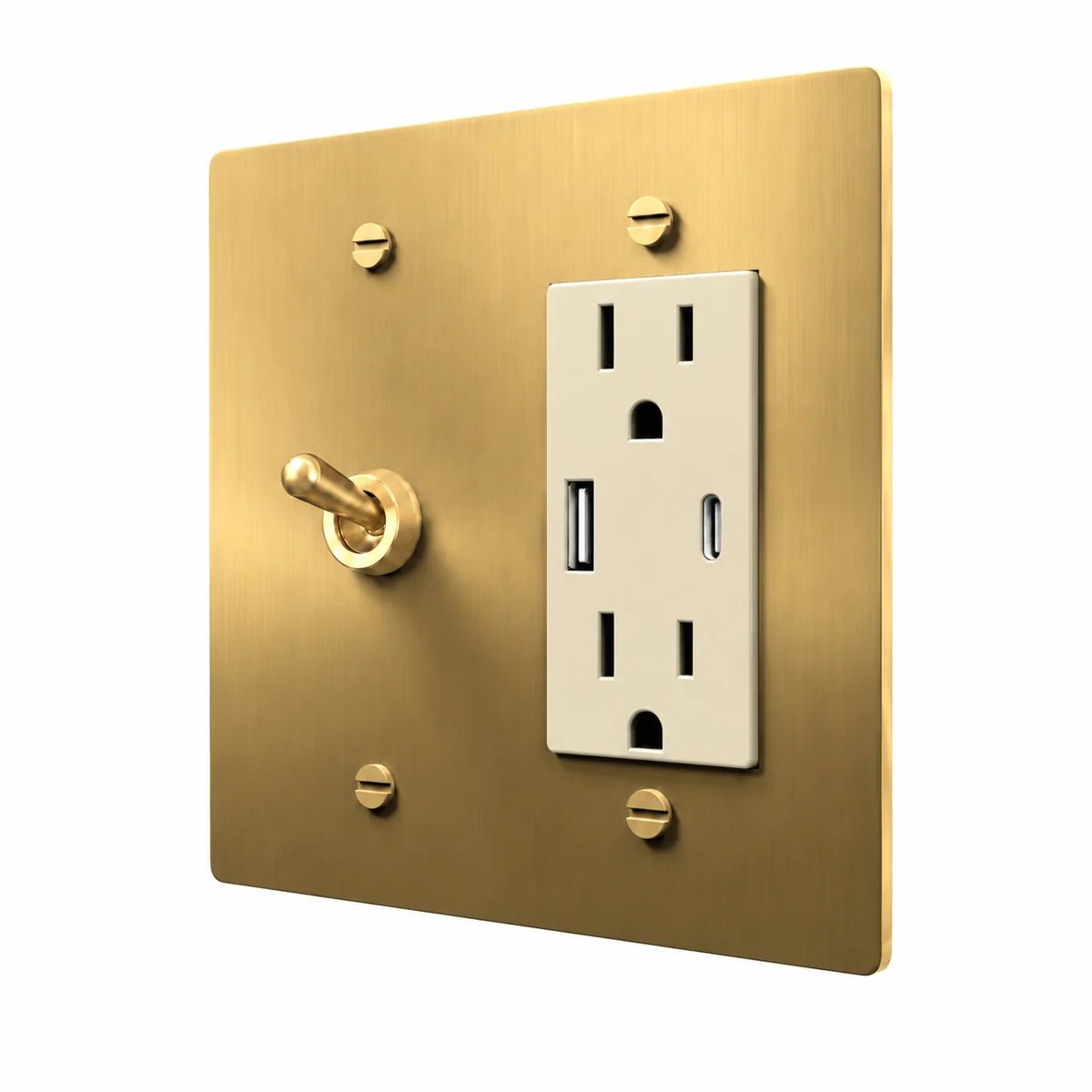 Brass Retro Toggle & Outlet Combo Switch Plate in Brass with ivory outlet inserts, angled view