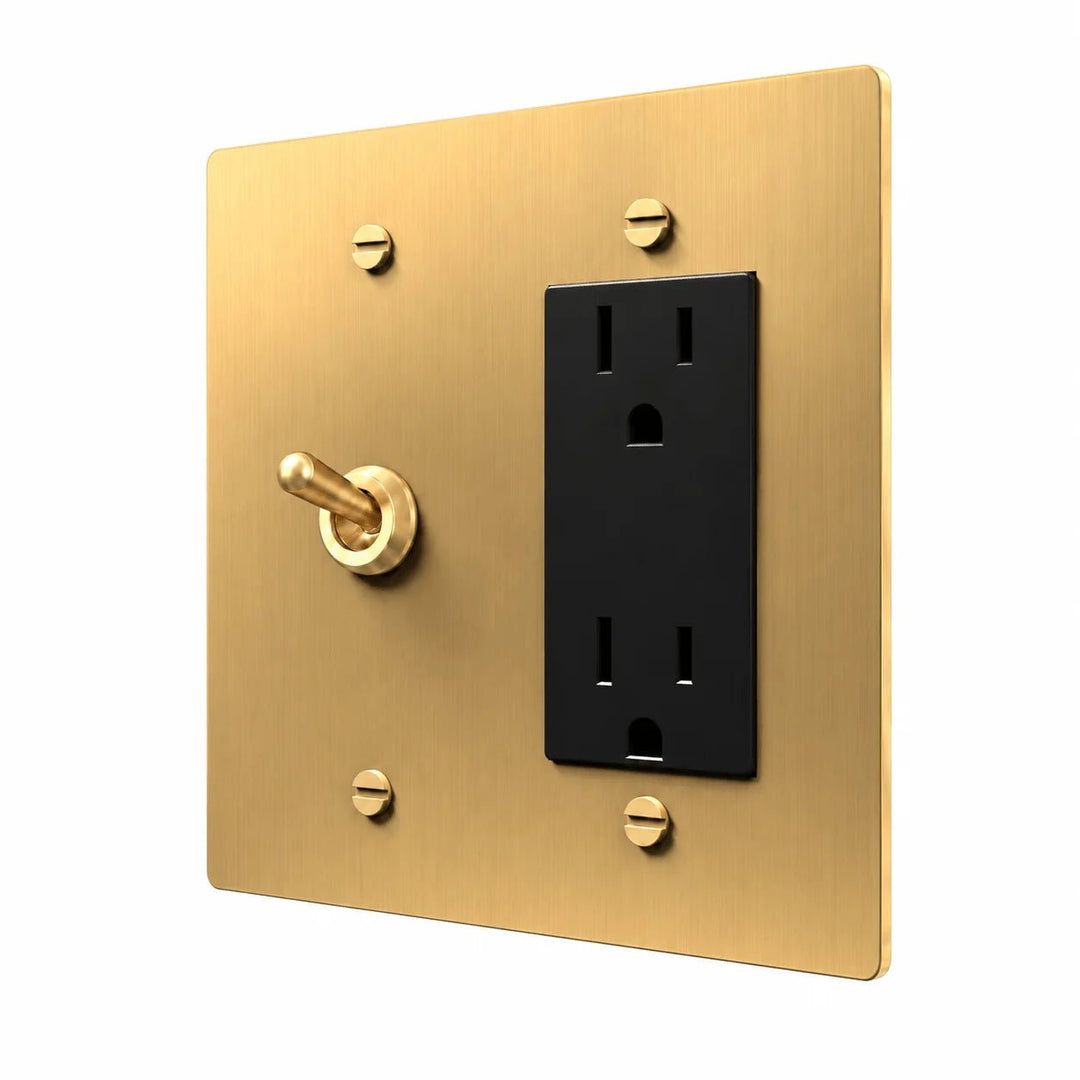 Brass 2-gang retro toggle and Regular outlet combination plate