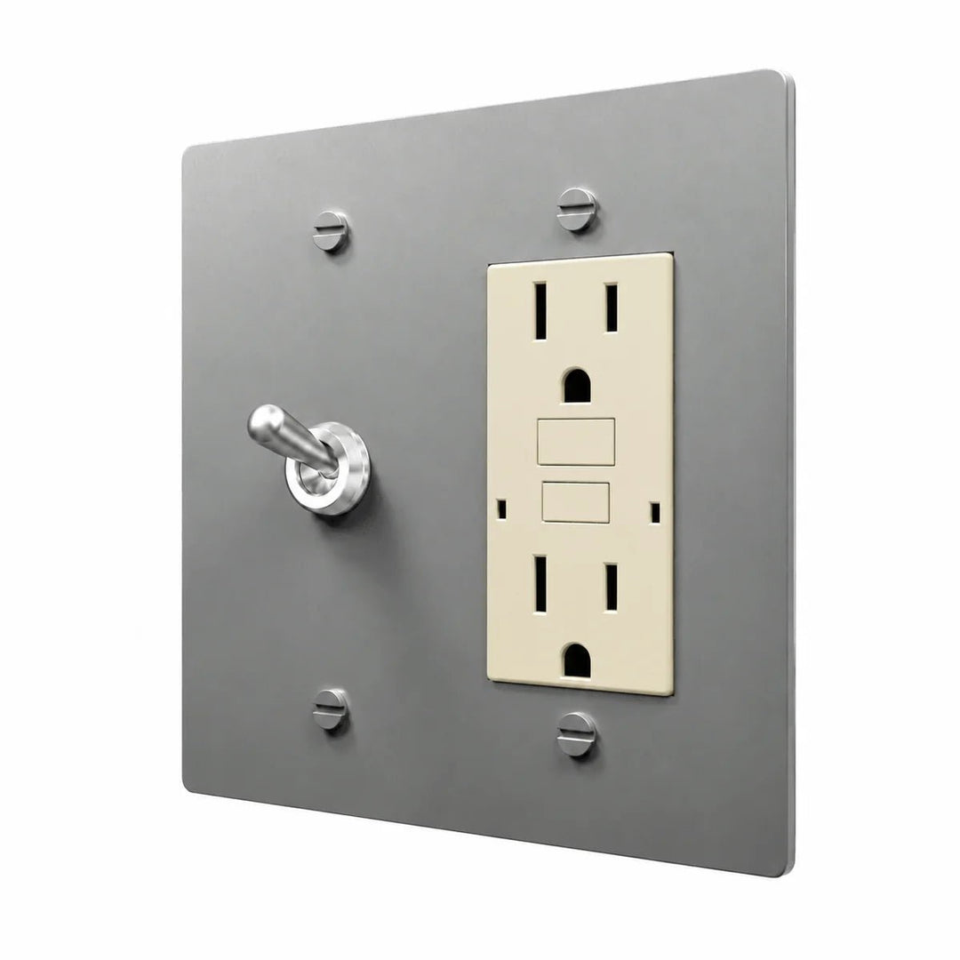 Brass Retro Toggle & Outlet Combo Switch Plate in Stainless Steel with ivory outlet inserts, angled view