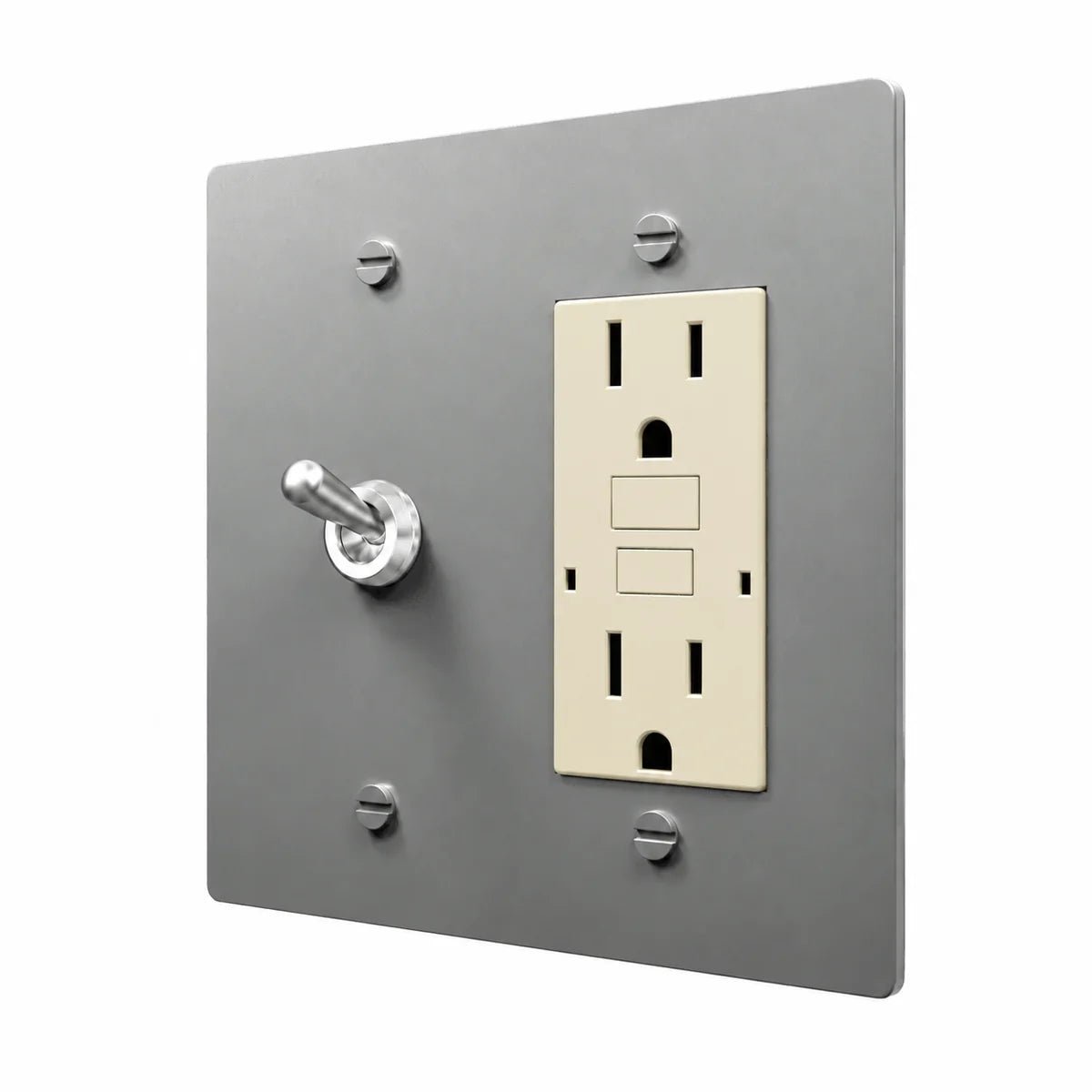 Brass Retro Toggle & Outlet Combo Switch Plate in Stainless Steel with ivory outlet inserts, angled view