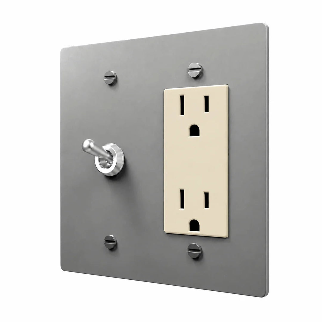 Brass Retro Toggle & Outlet Combo Switch Plate in Stainless Steel with ivory outlet inserts, angled view