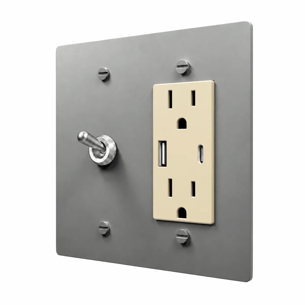 Brass Retro Toggle & Outlet Combo Switch Plate in Stainless Steel with ivory outlet inserts, angled view