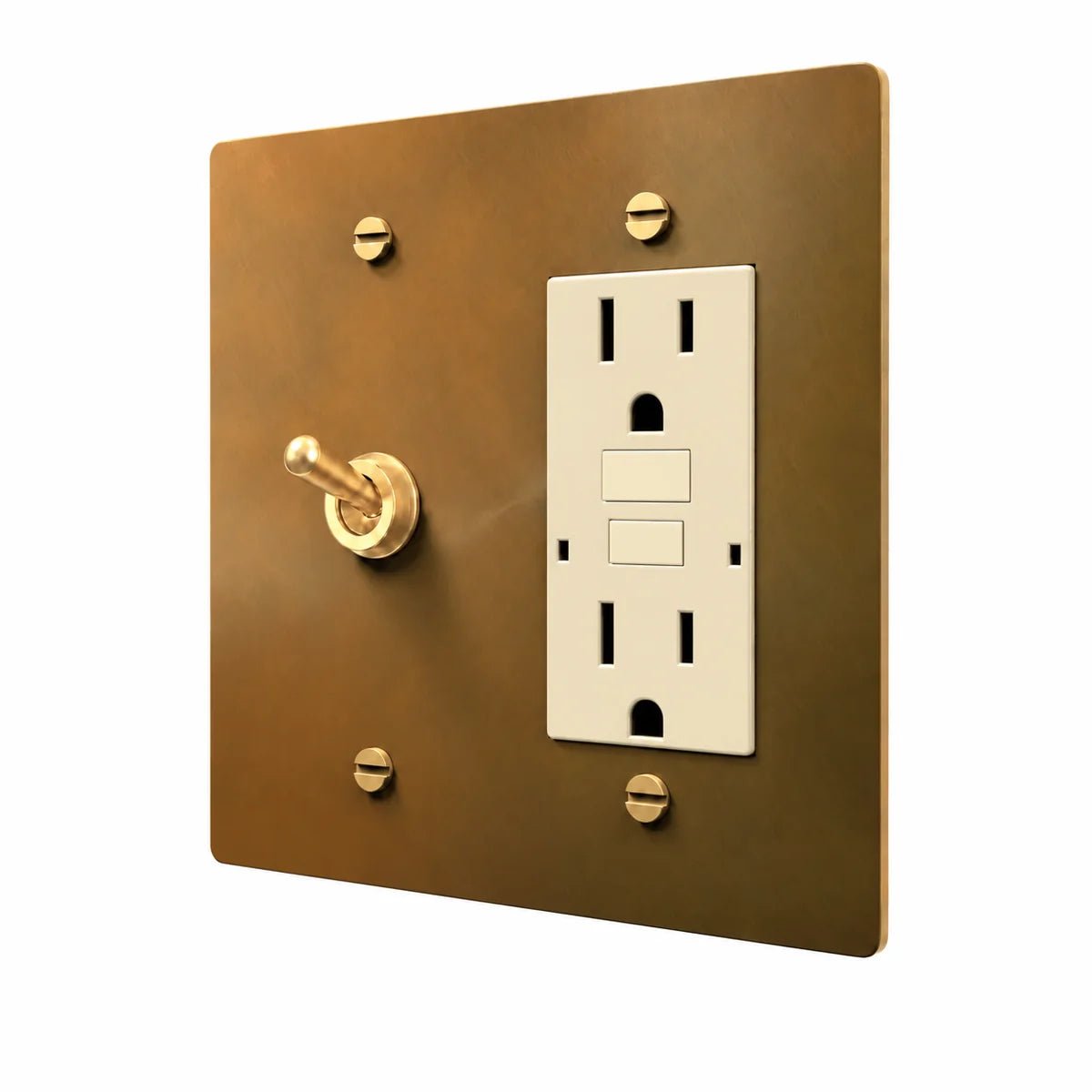 Brass Retro Toggle & Outlet Combo Switch Plate in Unlacquered Aged brass with ivory outlet inserts, angled view