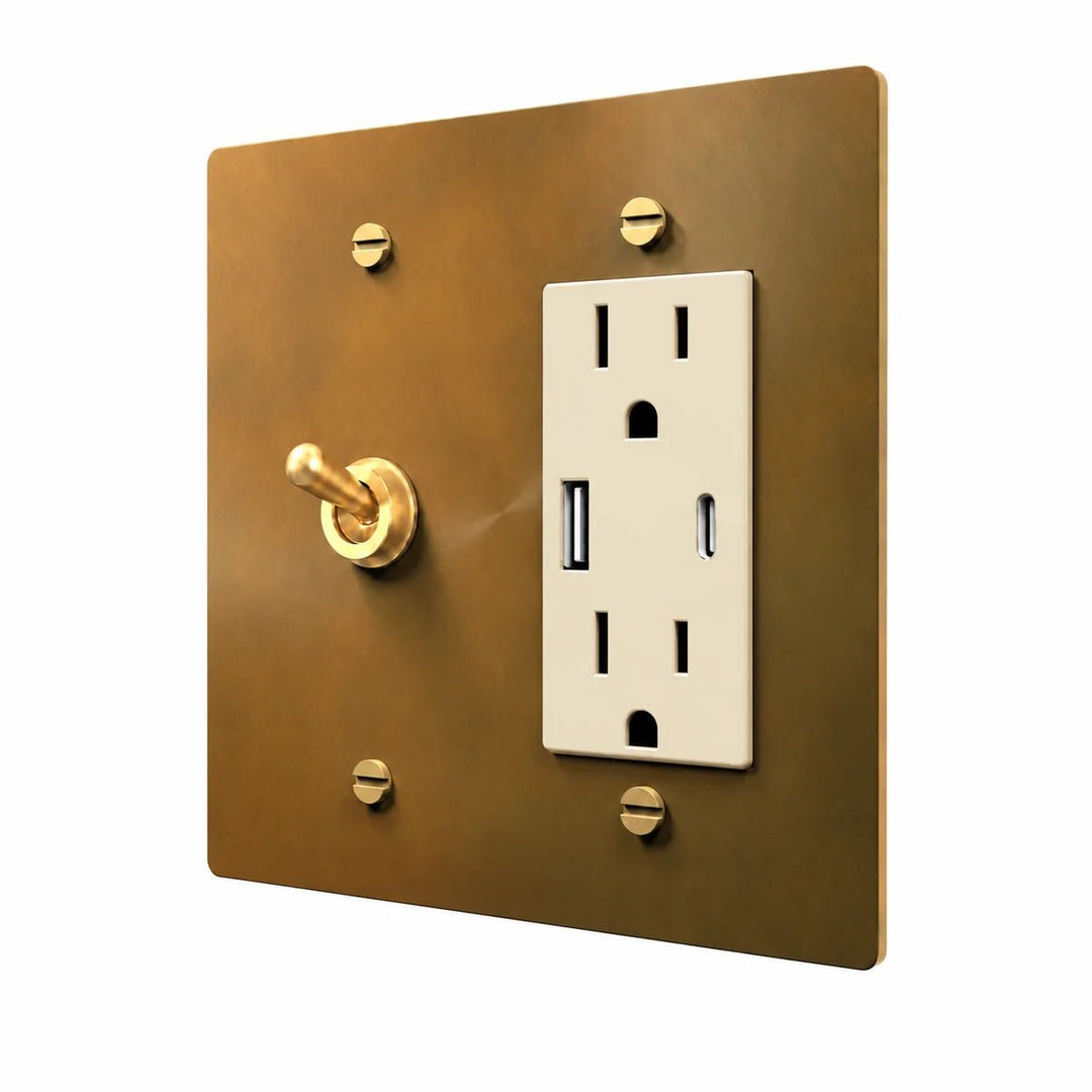 Brass Retro Toggle & Outlet Combo Switch Plate in Unlacquered Aged brass with ivory outlet inserts, angled view
