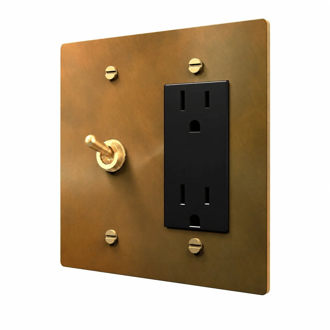 Unlacquered Aged brass 2-gang retro toggle and Regular outlet combination plate