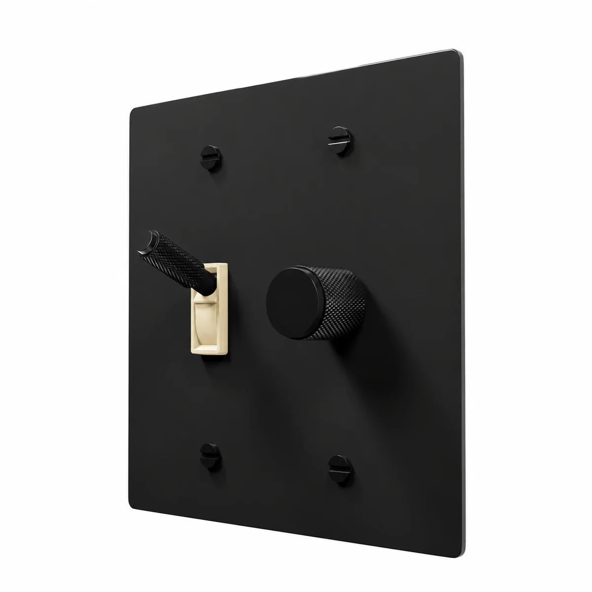 Brass Toggle & Dimmer Combo Switch Plate in All‑Black with ivory toggle frames, angled view