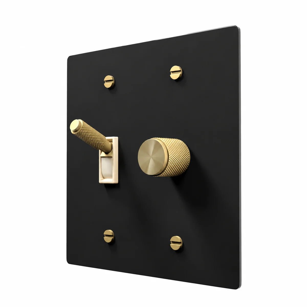 Brass Toggle & Dimmer Combo Switch Plate in Black / Brass with ivory toggle frames, angled view