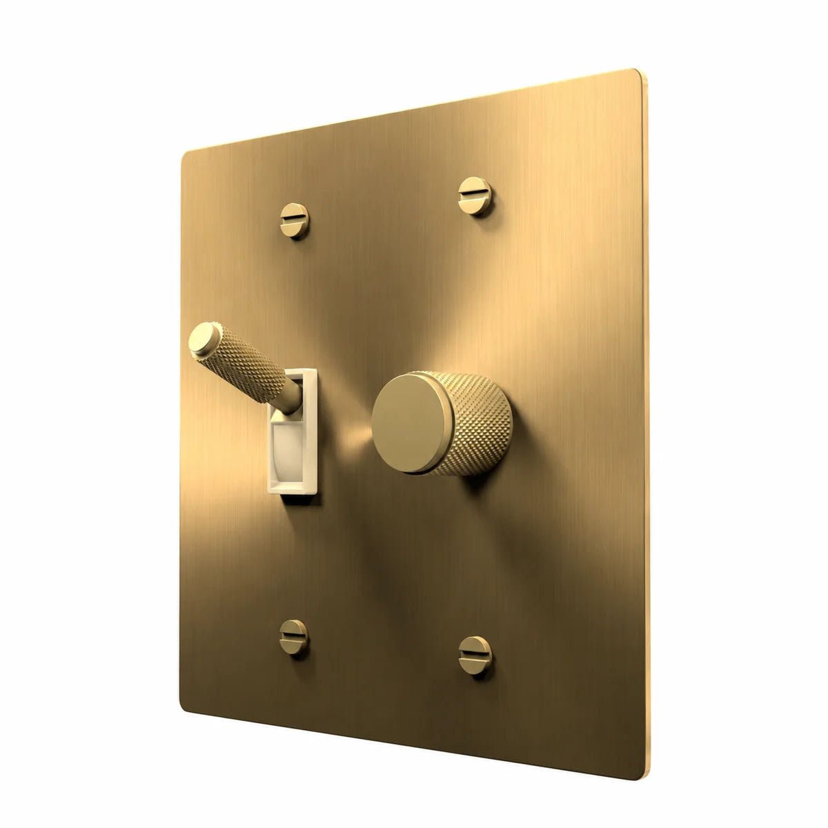 Brass Toggle & Dimmer Combo Switch Plate in Brass with ivory toggle frames, angled view