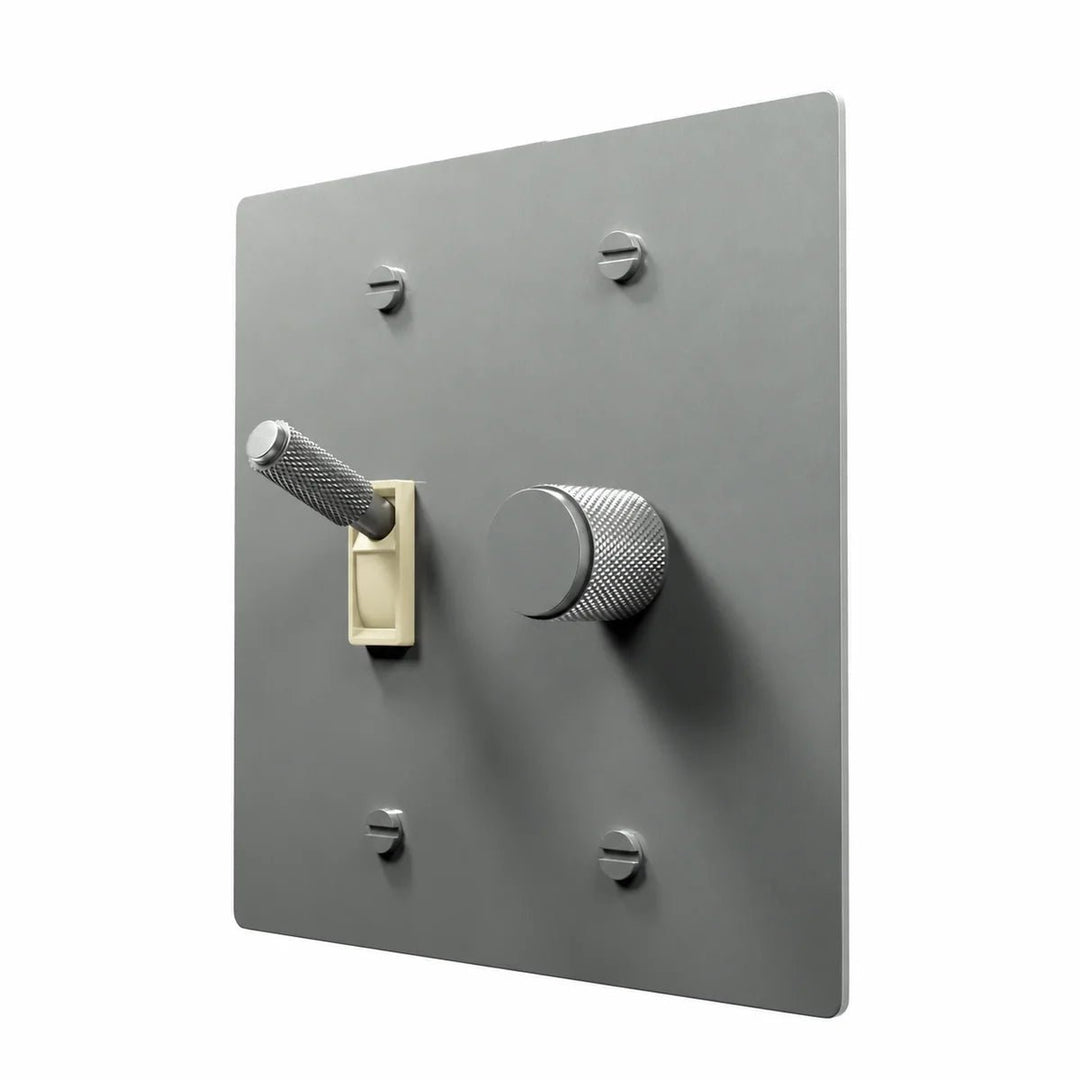 Brass Toggle & Dimmer Combo Switch Plate in Stainless Steel with ivory toggle frames, angled view