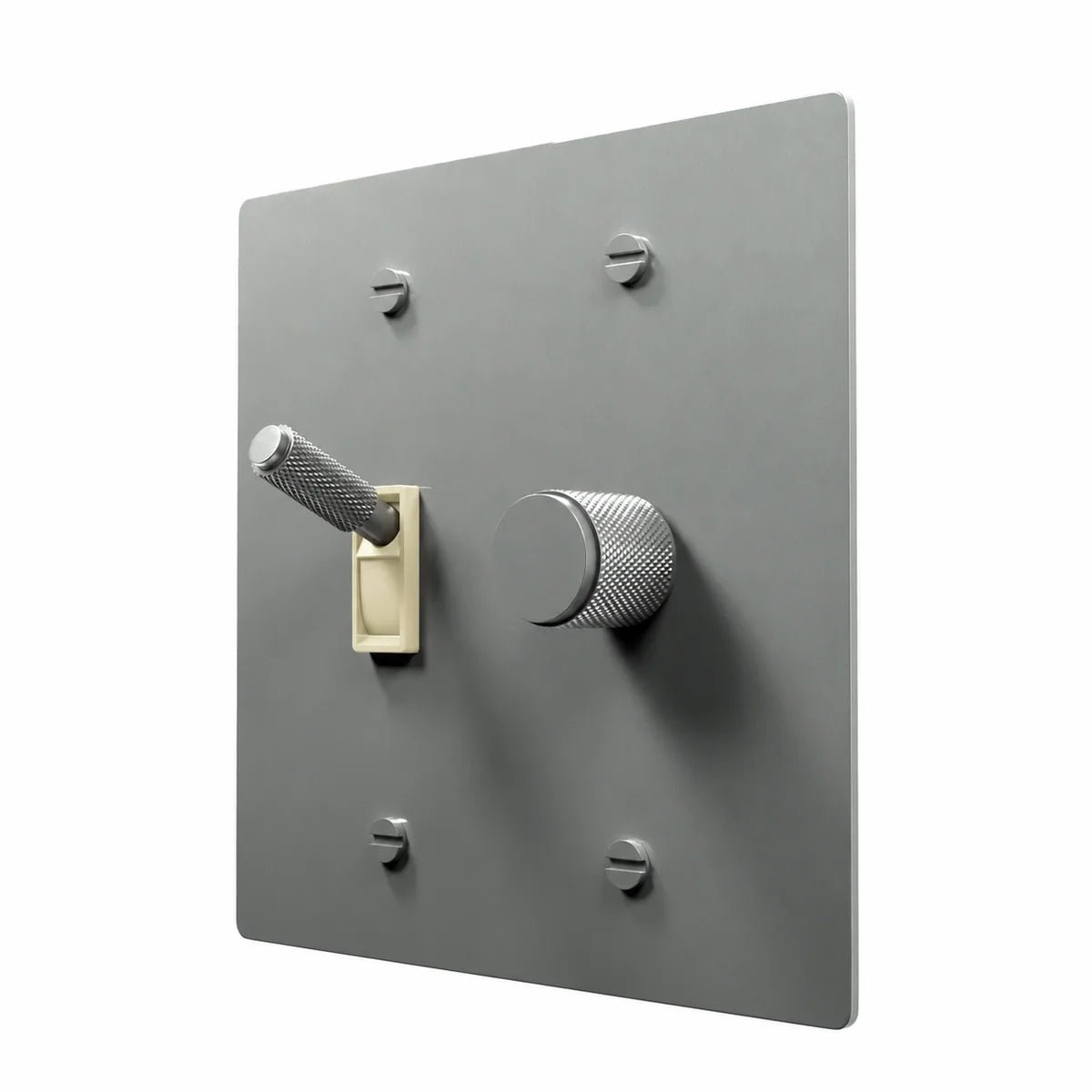 Brass Toggle & Dimmer Combo Switch Plate in Stainless Steel with ivory toggle frames, angled view