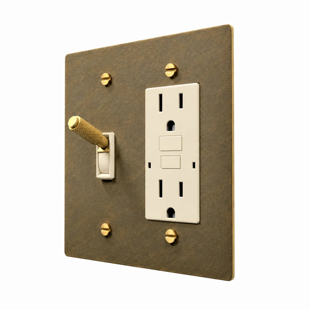 Brass Toggle & Outlet Combo Switch Plate in Aged Brass with ivory toggle frames and outlet inserts, angled view