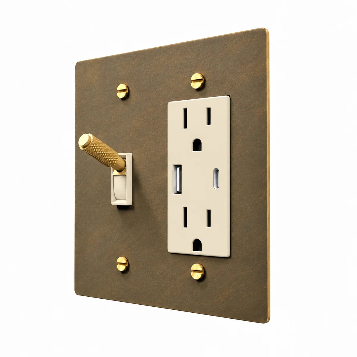 Brass Toggle & Outlet Combo Switch Plate in Aged Brass with ivory toggle frames and outlet inserts, angled view