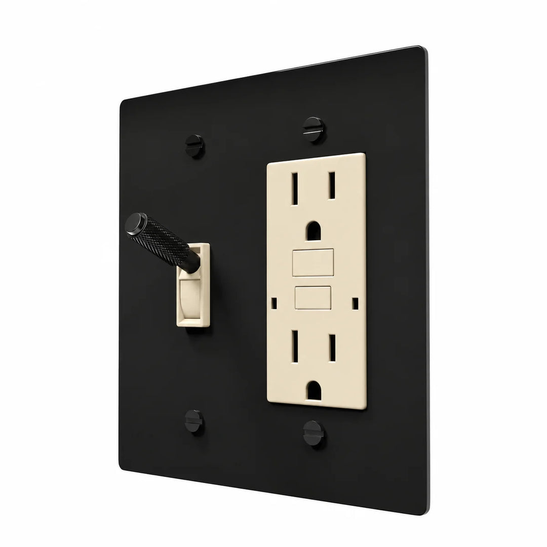 Brass Toggle & Outlet Combo Switch Plate in All‑Black with ivory toggle frames and outlet inserts, angled view