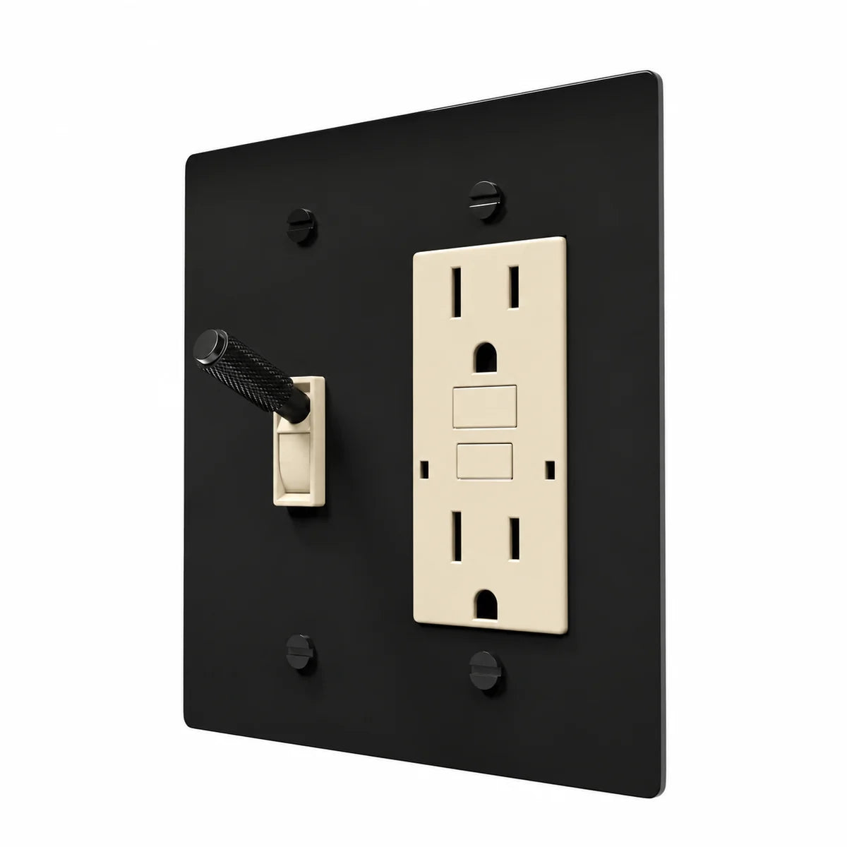 Brass Toggle & Outlet Combo Switch Plate in All‑Black with ivory toggle frames and outlet inserts, angled view