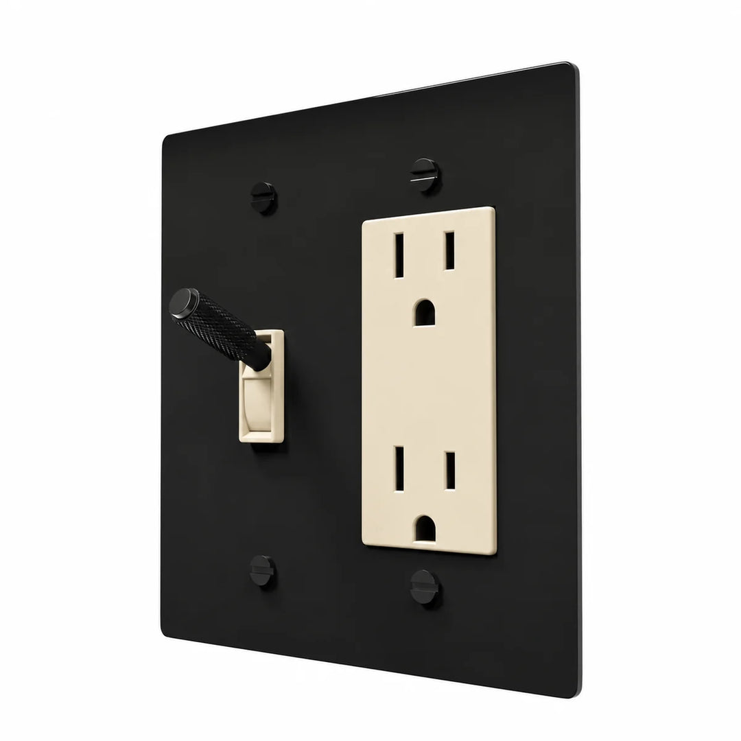 Brass Toggle & Outlet Combo Switch Plate in All‑Black with ivory toggle frames and outlet inserts, angled view