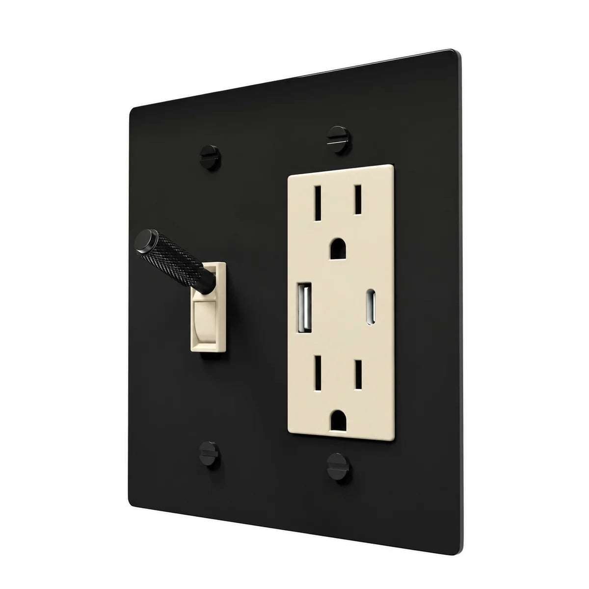 Brass Toggle & Outlet Combo Switch Plate in All‑Black with ivory toggle frames and outlet inserts, angled view