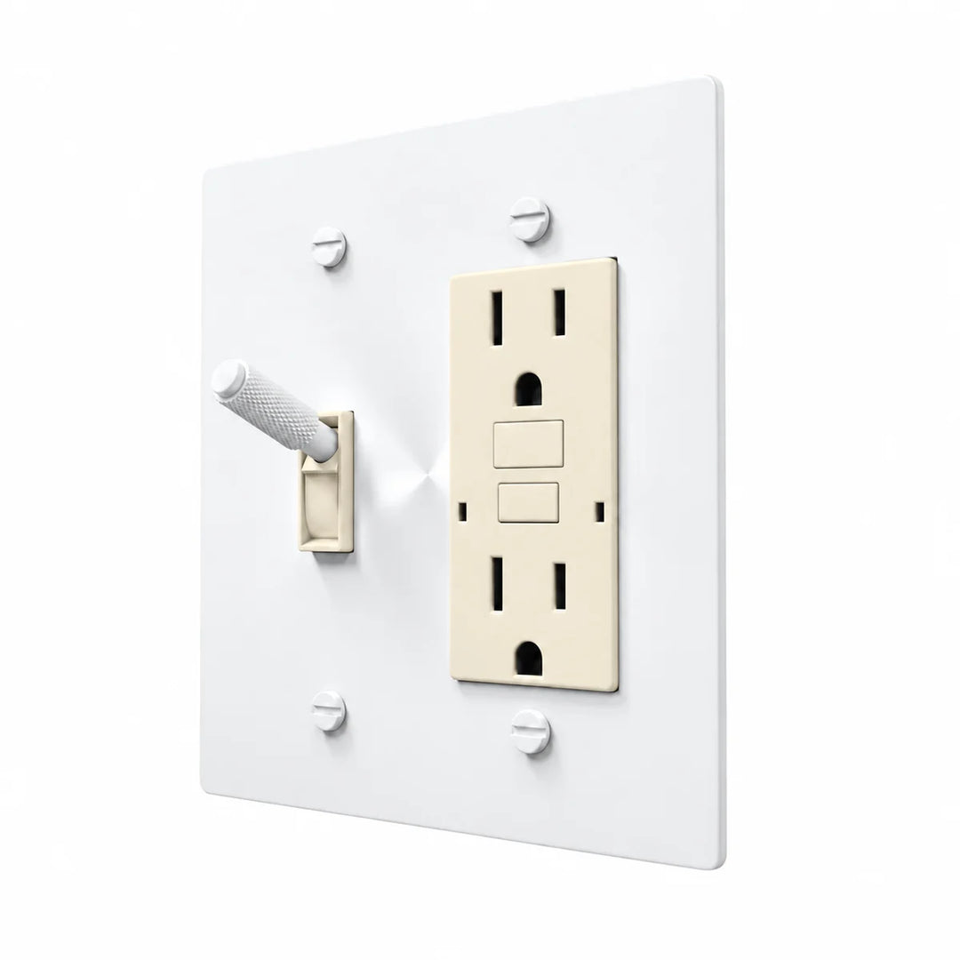 Brass Toggle & Outlet Combo Switch Plate in All-White with ivory toggle frames and outlet inserts, angled view