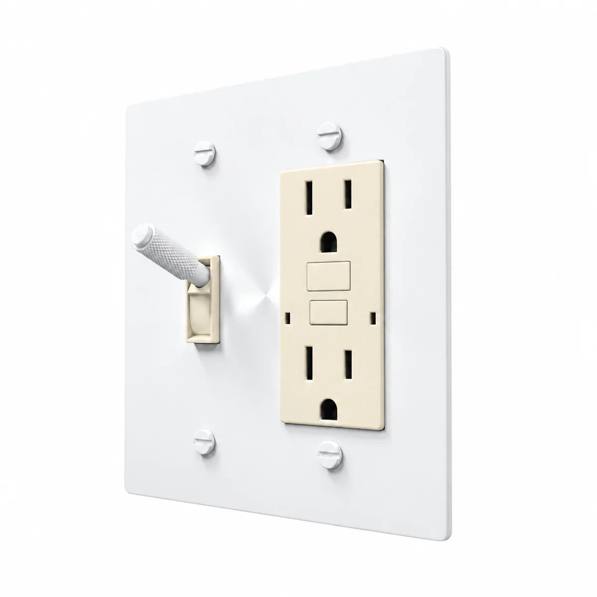 Brass Toggle & Outlet Combo Switch Plate in All-White with ivory toggle frames and outlet inserts, angled view