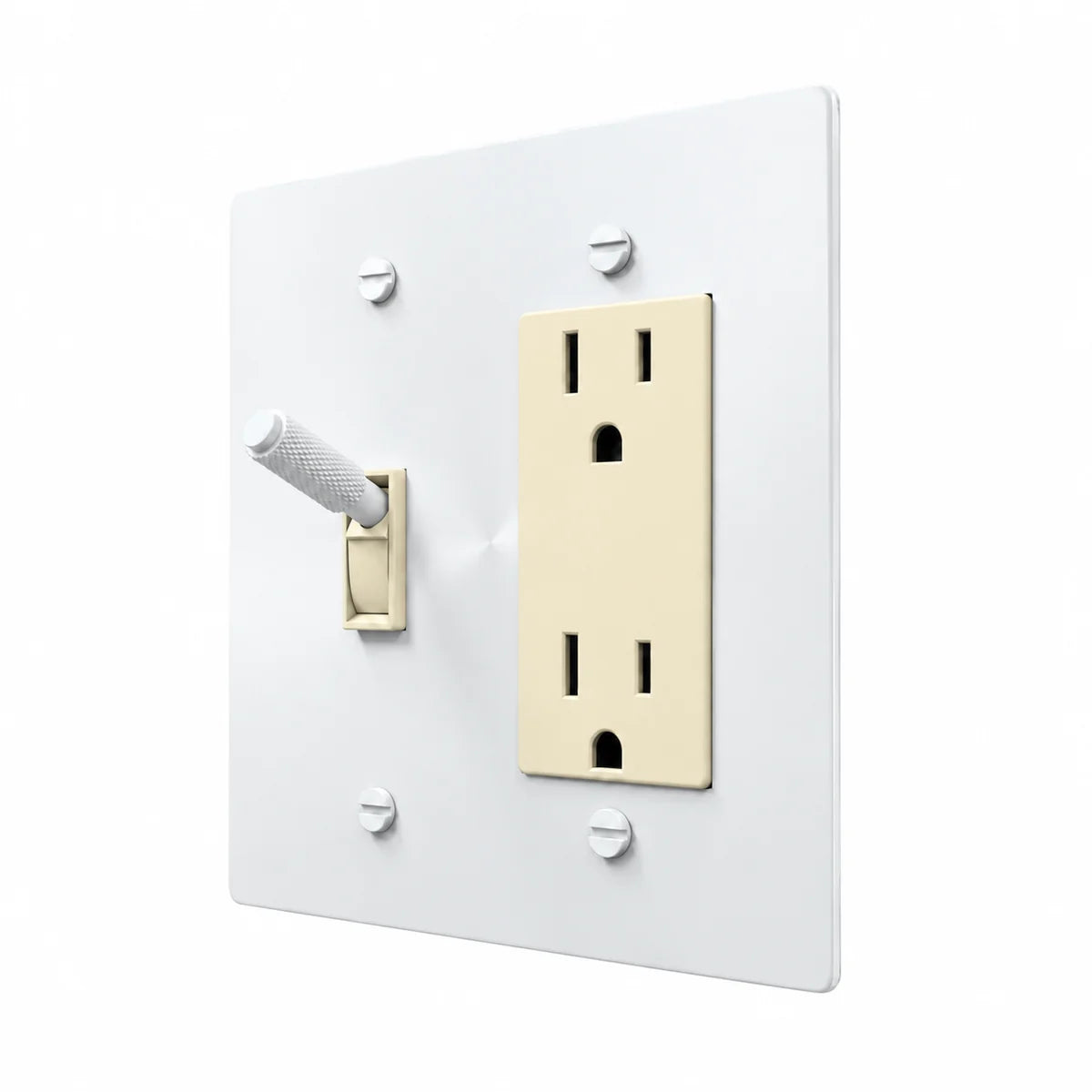 Brass Toggle & Outlet Combo Switch Plate in All-White with ivory toggle frames and outlet inserts, angled view