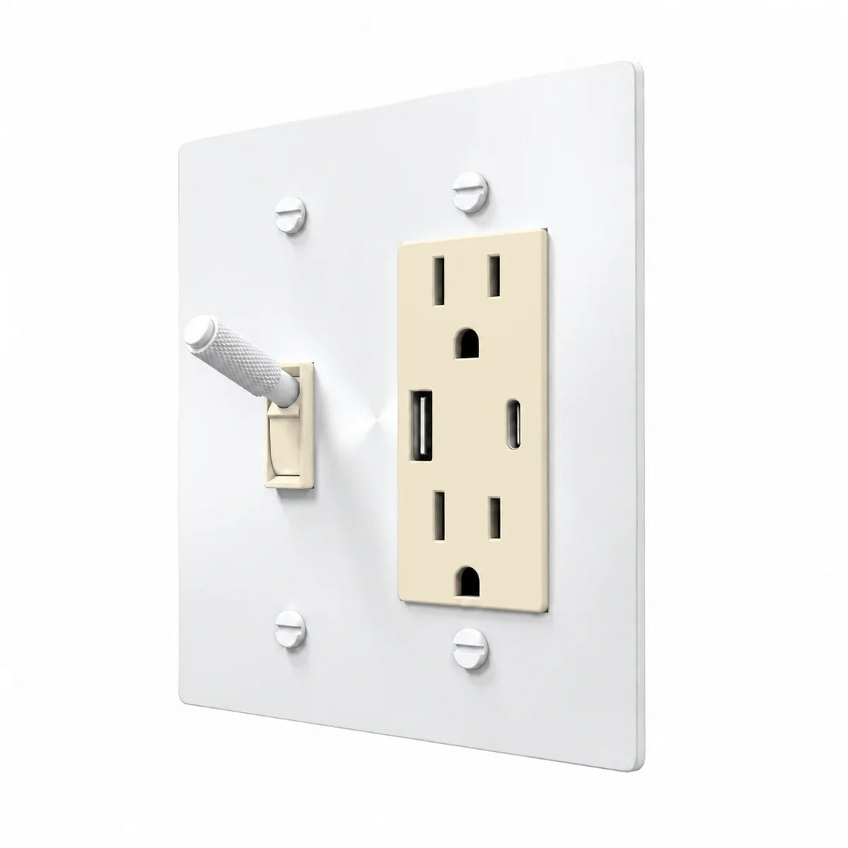 Brass Toggle & Outlet Combo Switch Plate in All-White with ivory toggle frames and outlet inserts, angled view