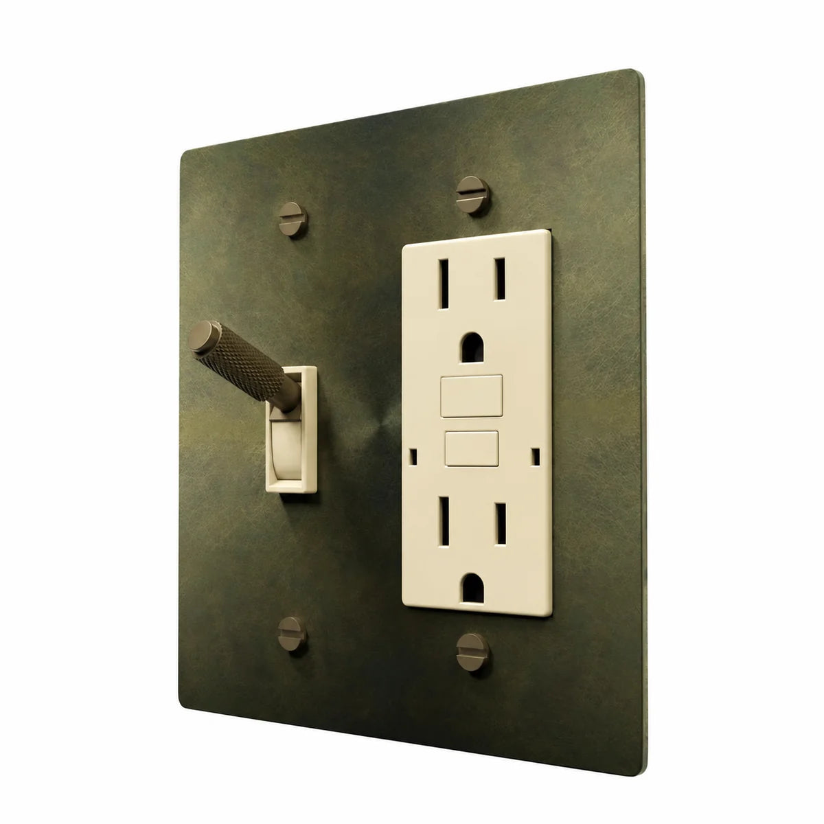 Brass Toggle & Outlet Combo Switch Plate in Antique Brass with ivory toggle frames and outlet inserts, angled view
