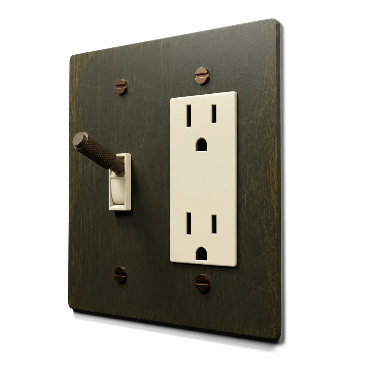 Brass Toggle & Outlet Combo Switch Plate in Antique Brass with ivory toggle frames and outlet inserts, angled view