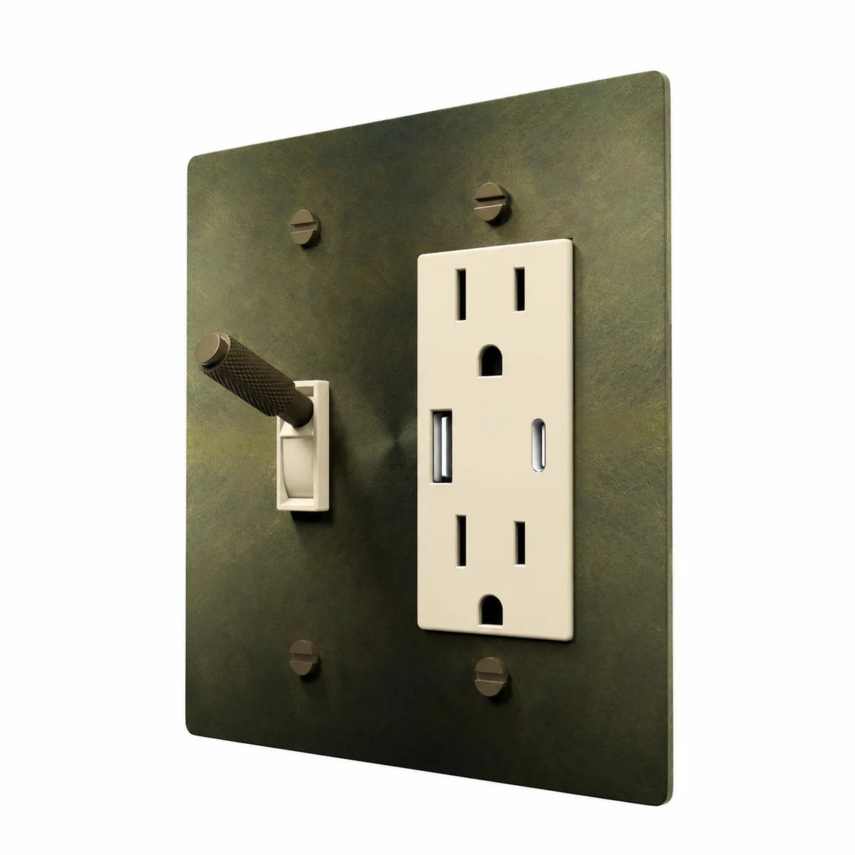 Brass Toggle & Outlet Combo Switch Plate in Antique Brass with ivory toggle frames and outlet inserts, angled view