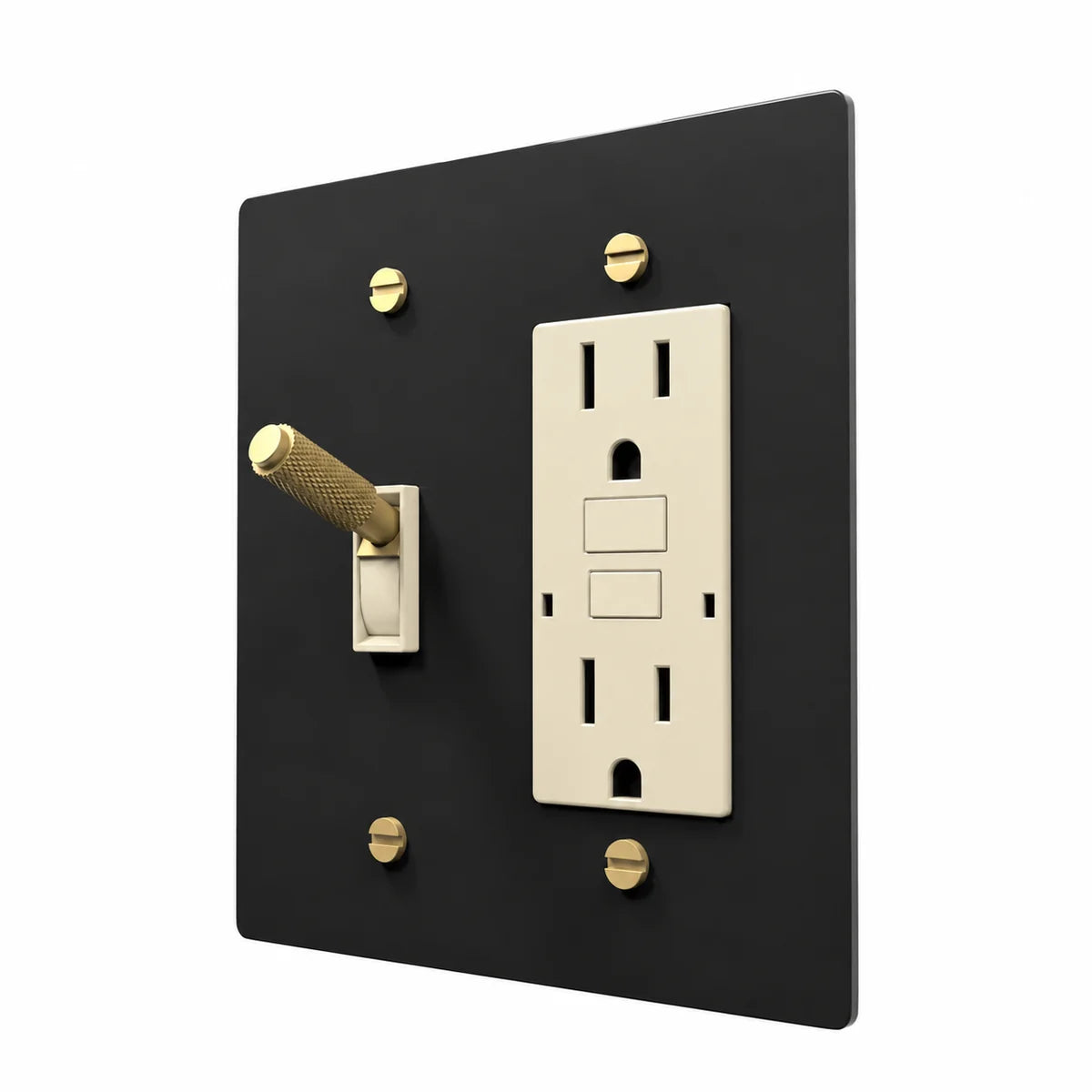Brass Toggle & Outlet Combo Switch Plate in Black / Brass with ivory toggle frames and outlet inserts, angled view