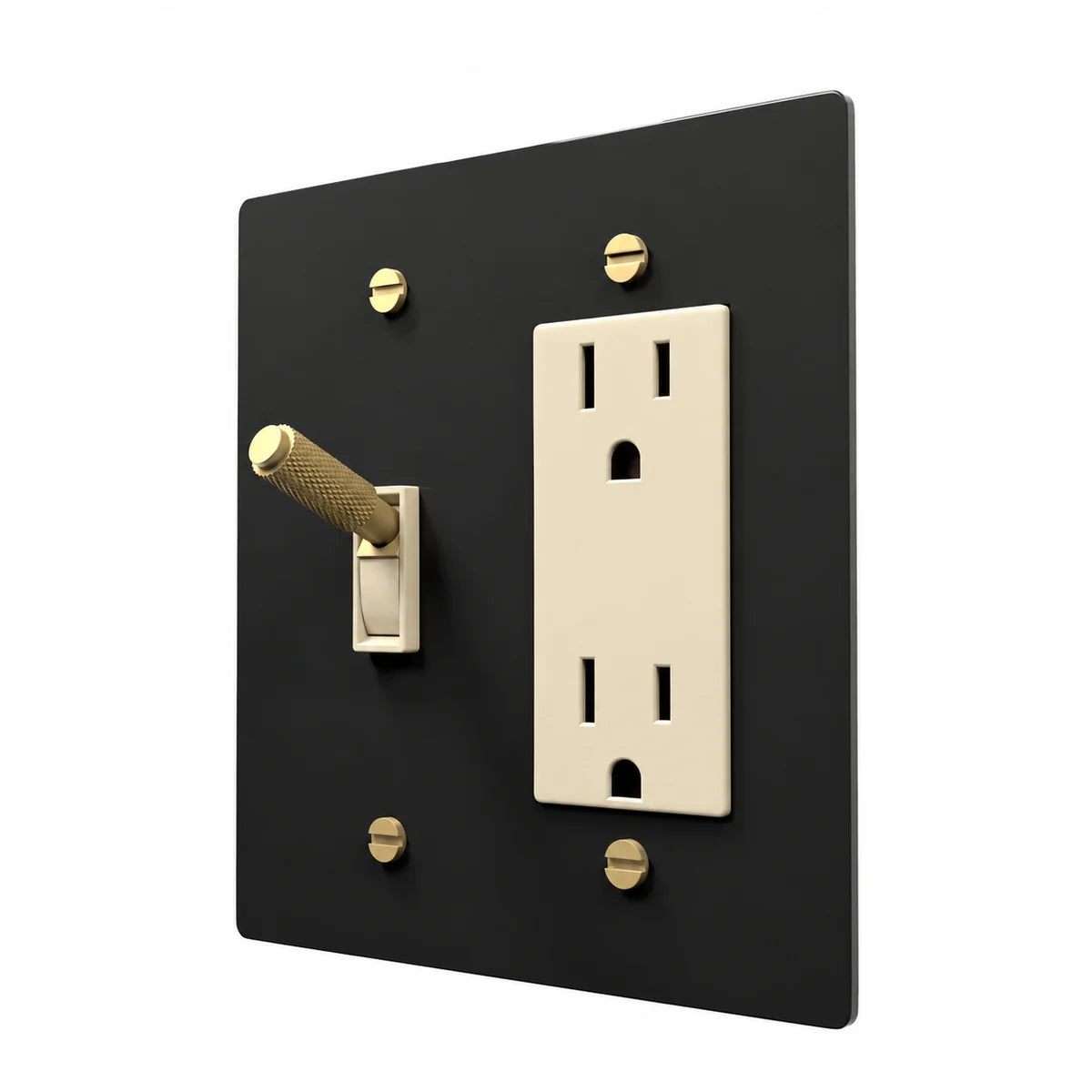 Brass Toggle & Outlet Combo Switch Plate in Black / Brass with ivory toggle frames and outlet inserts, angled view
