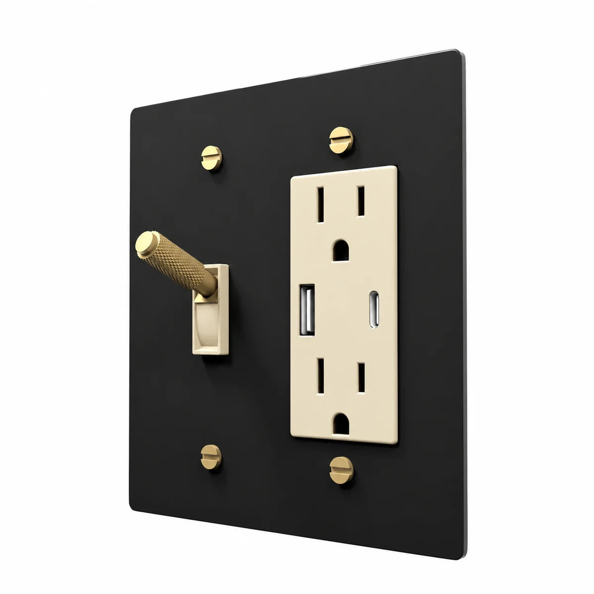 Brass Toggle & Outlet Combo Switch Plate in Black / Brass with ivory toggle frames and outlet inserts, angled view