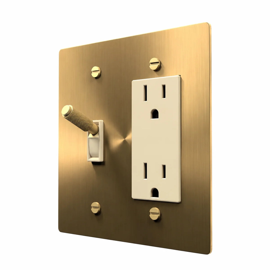 Brass Toggle & Outlet Combo Switch Plate in Brass with ivory toggle frames and outlet inserts, angled view